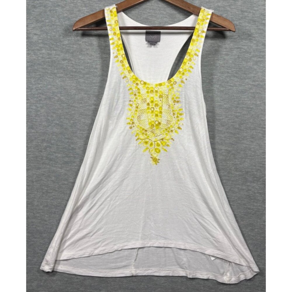 Vanessa Virginia White‎ & Yellow Embroidered Tank Top Tunic Anthropologie
